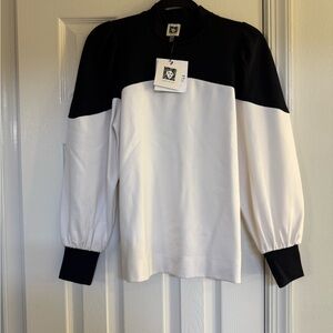 Anne Klein Black and White Colorblock Mock Neck Puff Sleeve Sweater NWT XS
